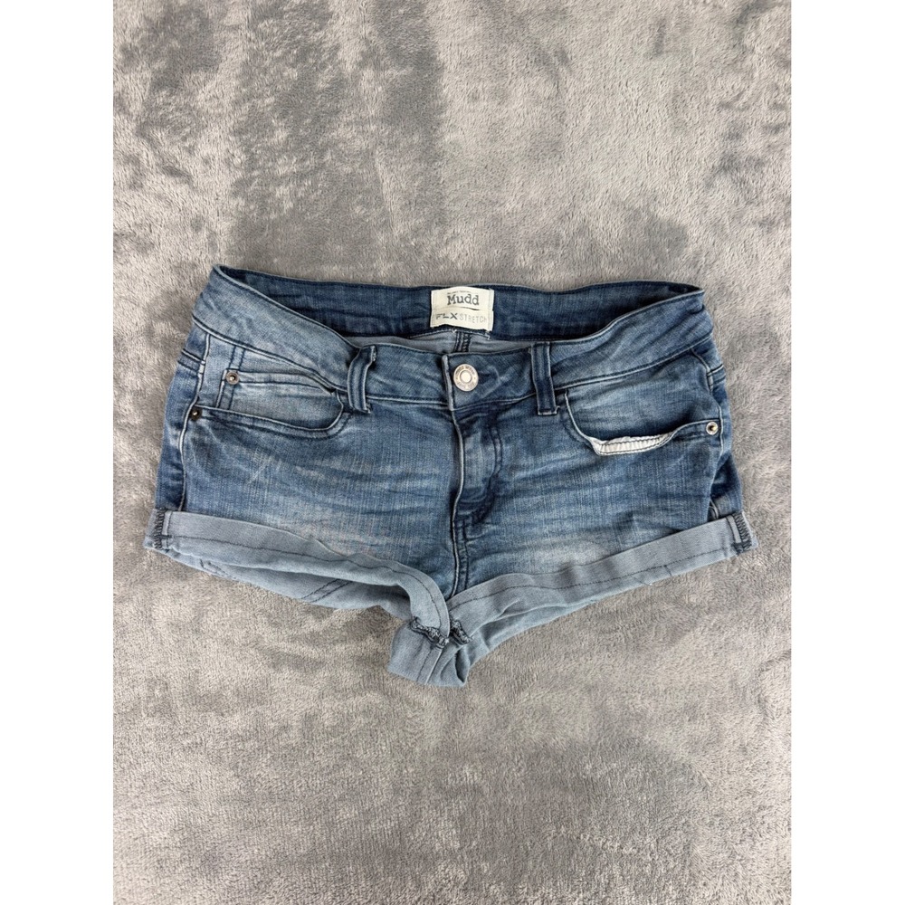Mudd FLX Stretch Denim Mini Shorts Low Rise Cuffed Shorties Blue Jean Size 9